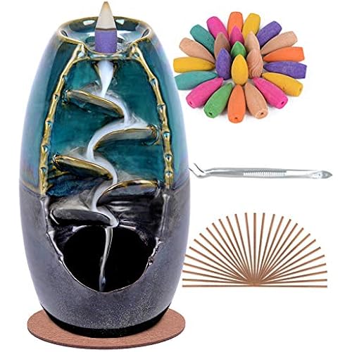 SPACEKEEPER Ceramic Backflow Incense Holder Waterfall Incense Burner, Blue