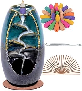 SPACEKEEPER Ceramic Backflow Incense Holder Incense Burner Waterfall, with 120 Backflow Incense Cones + 30 Incense Stick, Aromatherapy Ornament Home Decor, Blue Set