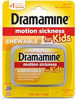 Dramamine Motion Sickness for Kids, Chewable, Dye Free, Grape Flavored, 8 Count