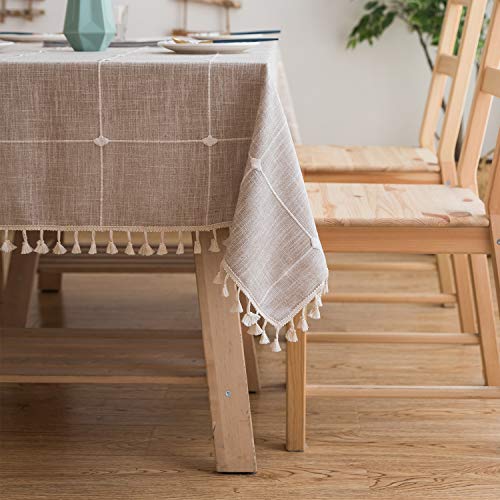 Mokani Washable Cotton Linen Solid Embroidery Checkered Design Tablecloth, Rectangle Table Cover Great for Kitchen Dinning Tabletop Buffet Decoration (55 x 94 Inch, Brown)