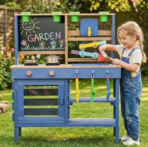 Wooden Outdoor Mud Kitchen for Kids, Pretend Play Kitchen Playset with Removable Sink, Faucet, Stove Top, Planting Area & Cooking Accessories, Toddler Gift for Boys Girls Ages 3+ (Blue) - image 1