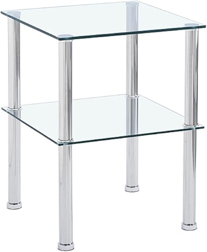 Miniatura 1 de Mesa auxiliar con vidrio templado cuadrado transparente, mesas auxiliares espaciales de 2 niveles con patas de tubo de metal plateado, muebles
