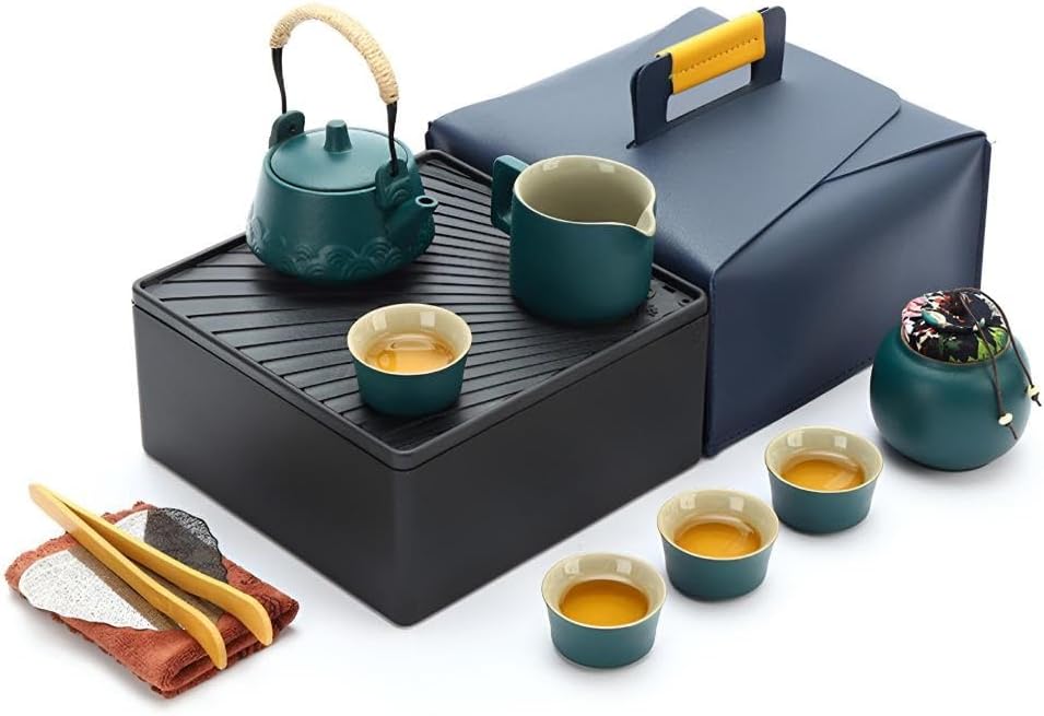 Premium Chinese Ceramic Tea Set Complete Japanese Tea Set with Teapot Strainer and Cups - Cast Iron Handle with Heat Resistant Jute Rope - Authentic Asian Experience