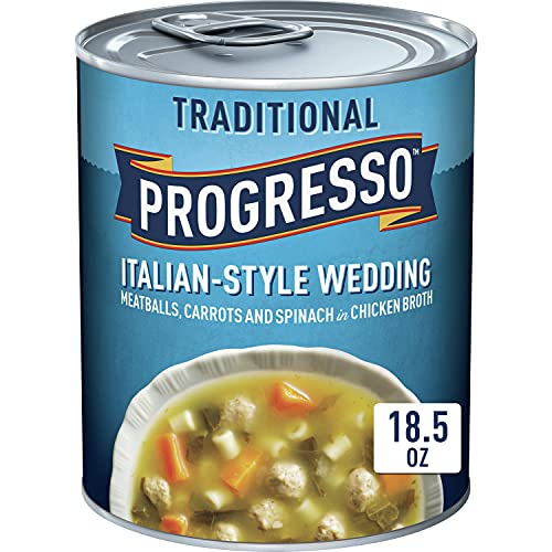 Image of Progresso Italian-Style Wedding Soup, Traditional Canned Soup, 18.5 oz | Pork & turkey meatballs, carrots & spinach in chicken broth, No artificial flavors or colors, Ready to serve