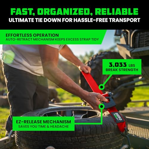 Image of Rhino USA Retractable Ratchet Straps (4-Pack) - 2 Inch x 10 Feet (3,033lb Break Strength) - Heavy Duty Auto Self Retracting Tie Down Straps for Truck, Cargo Trailer, Motorcycle, Rad & More - Red