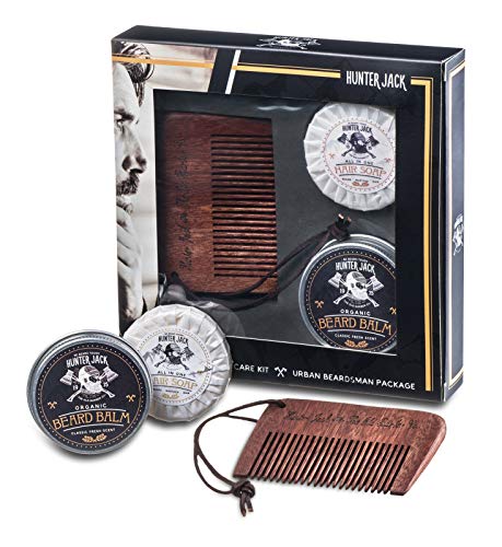HJ Strap Comb & Beard Care Kit, 3pc - Handmade Beard Comb, Beard Wash, Beard Balm - Beard Growth Kit for Mustache, Beard Grooming & Beard Grow - Beard Conditioner - Lux Beard Brand Scent - Gift Box