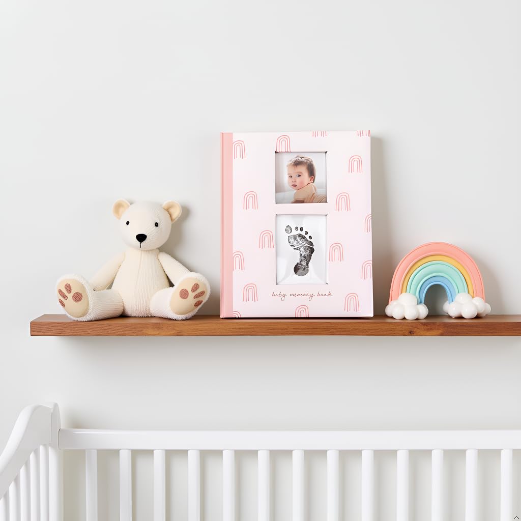 Rainbow First 5 Years Memory Book, Baby Girl Keepsake, Baby Meilensteinbuch, Schwangerschaftstagebuch, mit Stempelkissen für Neugeborene Handabdruck oder Fußabdruck, Rosa Regenbogen