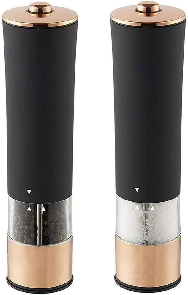 Electric Salt and Pepper Grinder Set - Automatic Adjustable Shakers - Stainless Steel Powered Spice Mills - Battery Operated Kitchen Peppermills, One Handed Push Button, 2 Pcs(Gold)