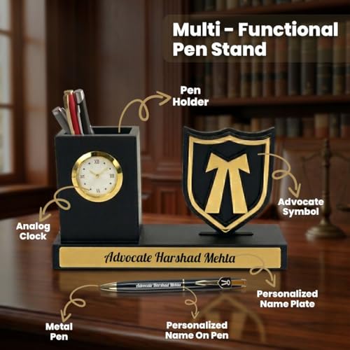 Image of Giftana 2 in 1 Personalized Desk Table Organizer with Pen Gift Set for Doctors, Customized Pen Stand Table Clock & Calendar 4 in 1 Advocate Symbol