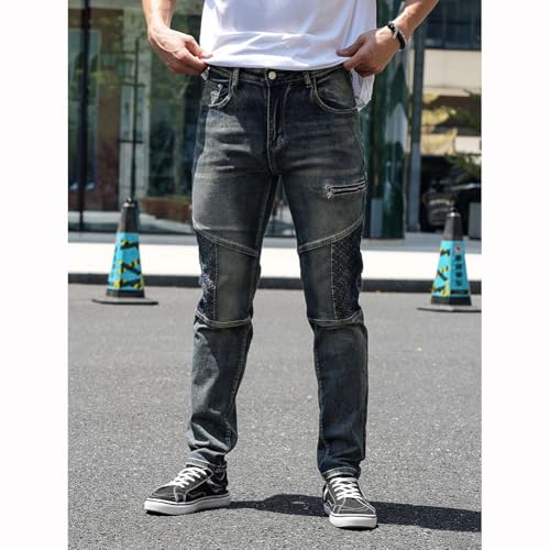 Mens Slim Fit Bike Jeans Distressed Straight Leg Cargo Denim Pants3