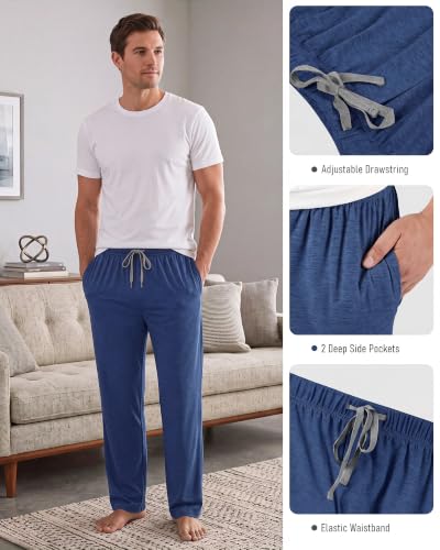 Image of 3 Pack Mens Cotton Pajamas Pants Lounge Pjs Bottoms Sleepwear Bottoms Soft Pants with Pockets Drawstring