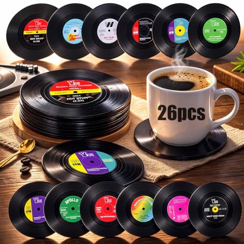 26 Pcs Retro Vinyl Record Coasters for Drinks 4 Inch Record Player Coaster Set Funny Music Lovers Gift for Home Bar Decor Birthdays and Housewarming