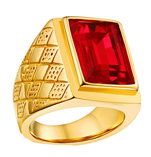 HIJONES Hommes Acier Inoxydable Classique 18MM 18k Or Plaqué Pierre de Naissance Bague avec Rubis Pierre Tallie 65