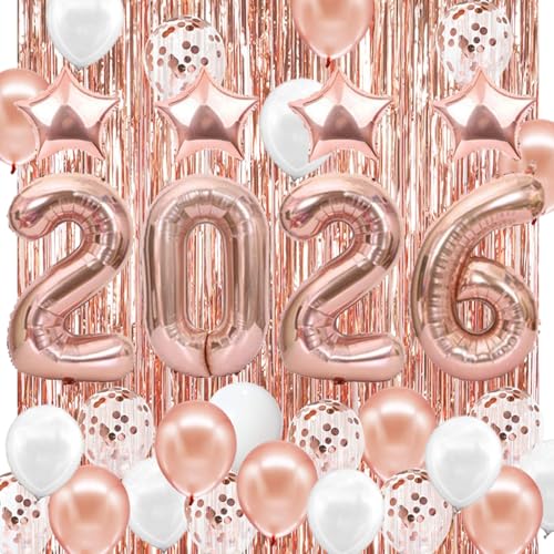 Image of JOJO FLY Rose Gold Graduation Decorations 2026, Rose Gold 2026 Balloons, Rose Gold and White Balloons Set, Foil Curtain, Graduation Balloons, Class of 2026