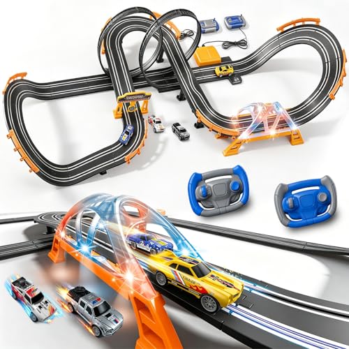 Image of Electric Slot Car Race Track Sets with 4 High-Speed Racing Slot Cars Dual Racing Game with 2 Controllers Circular Overpass Track Featuring Flash Bridge Pendulum Gifts Toys for Boys Kids Age 6 7 8-12