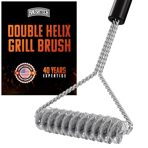 Brushtech Double Helix Grill Brush, 16″ Flat BBQ Grill Cleaner - Bristle‑Free Coil Springs Clean Tops & Sides - Stainless Steel, Long Reach Handle, Heavy‑Duty BBQ Tool for Gas & Charcoal Grates