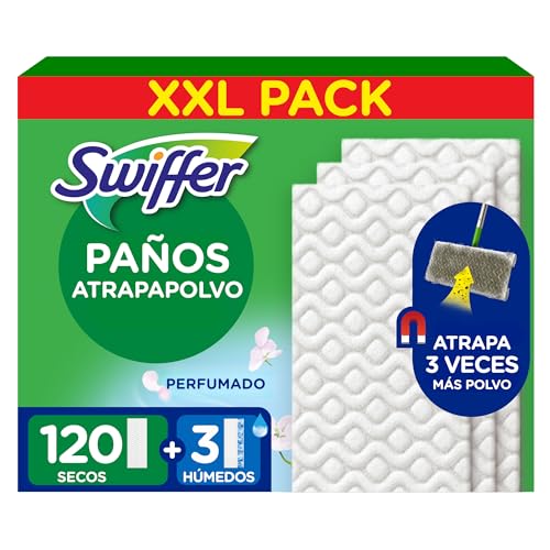 Swiffer Mopa Recambios Secos Para Suelos 120 Unidades Y Recambios Húmedos Para Suelos 3 Unidades, Atrapa Y Retiene El Polvo