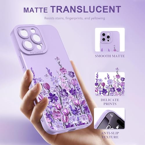 Image of Designed for iPhone 16 Pro Max Case Floral for Women Girls, Purple | Cute Oil Painting Flower Pattern Liquid Silicone Phone Case [Full Camera Protection] Slim Soft TPU Protective Cover