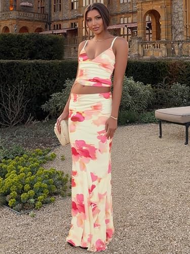 Image of ksotutm Maxi Skirt Set Floral Print Halter Top Maxi Skirt Sexy Going Out Outfits for Women