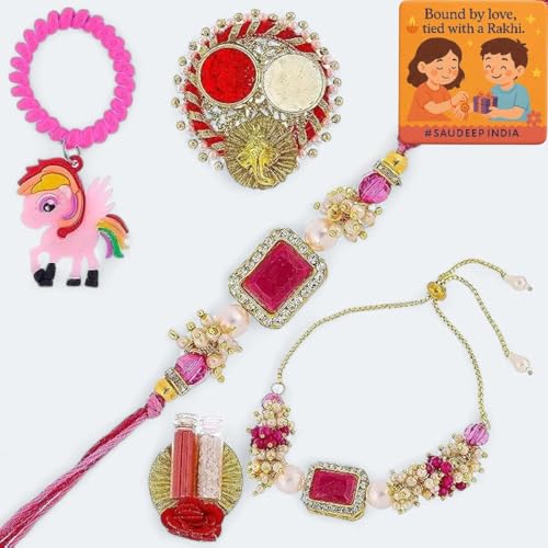 Image of Saudeep India Fridge Magnet with Family Rakhi Combo Gift Set of Lumba Couple Rakhi for Bhaiya Bhabhi & Baby | Travel Souvenir | Refrigerator Magnet