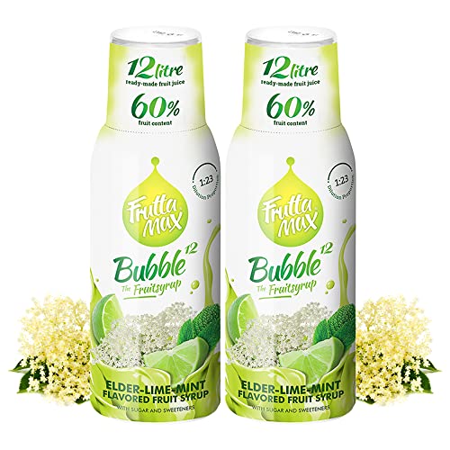 2 paquetes - FruttaMax - Concentrado de jarabe de frutas | Menos azúcar | con un 60% de contenido de fruta | adecuado para máquina de refrescos (2 x 500 ml) (2 x Flor de Saúco-Lima-Menta)