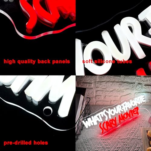 Image of Symone What'S Your Favorite Scary Movie Neon Sign, Gothic Neon Light USB Powered Dimmable LED Halloween Neon Signs for Wall Decor, for Movie Room Party Terrifying Interior Decor(15.7 * 5.1 In)
