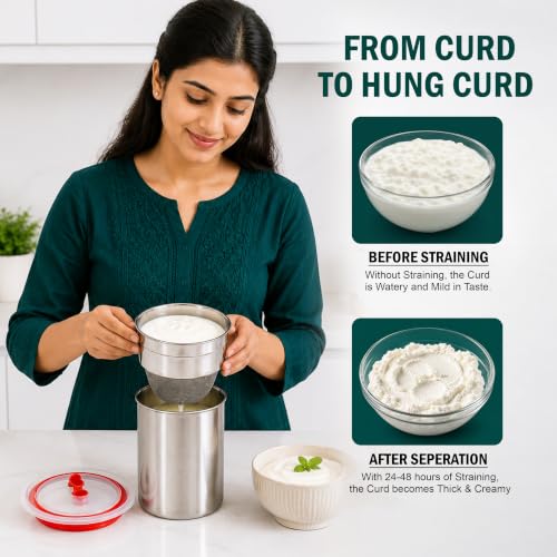 Image of JD Fresh Stainless Steel Greek Yogurt and Hung Curd Maker /Airtight Storage Container with Multipurpose Food & Oil Strainer /BPA Free Fine Mesh Stainer for Thik Homemade Curd,Panner & More (750 ML)