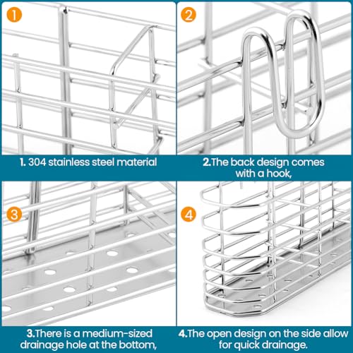 Image of Utensil Drying Rack, 304 Stainless Steel Utensil Organizer Holder No Drilling Kitchen Drainage Basket with 3 Divided Compartments, 7.87x3.54x1.57inch(COLOR:Silver)