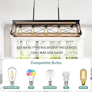 Airposta Farmhouse Rustic Wood Chandelier, 5 Lights Metal Rectangle Dining Room Swag Lighting, Kitchen Island Industrial Linear Cage Pendant Light Fixtures Hanging Lamp Airposta Farmhouse Rustic Wood Chandelier 5 Lights Metal Rectangle Dining Room Swag Lighting Kitchen Island Industrial Linear Cage Pendant Light Fixtures Hanging Lamp