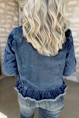 Ecosunny Womens Casual Long Sleeve Button Down Shirt Jacket Ruffle Hem Flap Pockets Denim Shacket Lightweight Coat Tops3