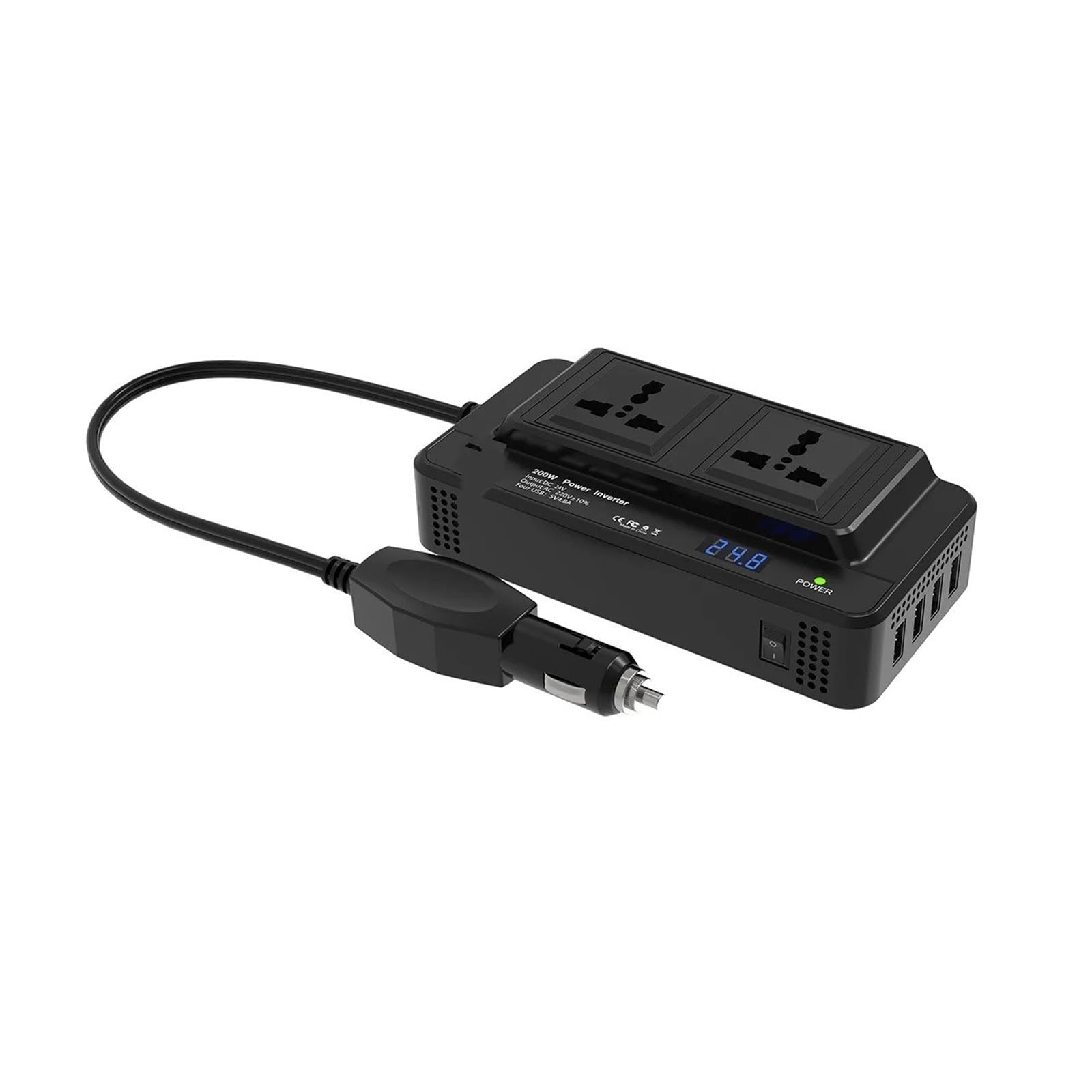 Convertidor Corriente Inversor De Corriente para Coche 200 W con Dos Enchufes Universales Y USB QC3.0. Conversor CC 24 V A CA 220 Convertidor