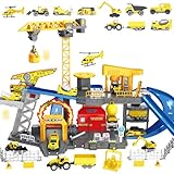 Frontoytall Construction Vehicles Track Set with Excavator, Dump Truck, Cement Truck, Wheel Loader & Rotating Crane, Interactive STEM Building Toy for Kids Ages 3-12