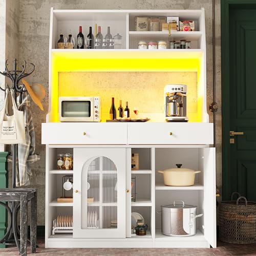 Fppuueg Alacena de Cocina con Iluminación LED y 2 Cajones, Armario Cocina Armario con Puerta Corredera y Estantes Ajustables, Mueble Almacenaje, 120x40x180 cm, Blanco