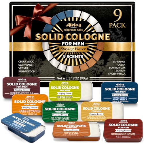 Image of 9 Pack Solid Cologne Gifts for Men, Mens Cologne Gift with Cedar Wood, Clary Sage, Vetiver, Sandalwood, Bergamot, Ocean Bourbon Oak, Bay Rum, Spiced Vanilla Perfume, Gifts for Men Who Have Everything