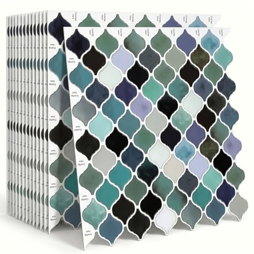 Arttown Peel and Stick Backsplash Subway Tiles, Moroccan Teal Green 3D Self Adhesive Thicker Design Wall Tile Panels for Kitchen Bathroom Balcony (10-Sheet, 12"×12")