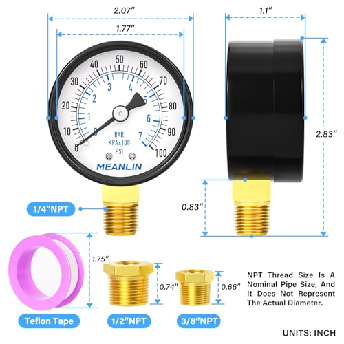 meanlin measure 0-100psi 234 dial face 1434 npt well pump pressure gauge with 1234 npt and 3834 npt hex bushing 3-2-3 accuracy lower mount