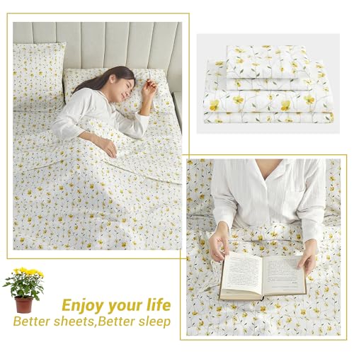 Image of Softan Yellow Floral Twin Size Sheet Set, 3-Piece Microfiber Fitted Bed Sheet with 15 inch Deep Pockets & Non-Slip Straps, Kids Girls Flower Patterned Bed Sheet & Pillowcase Set