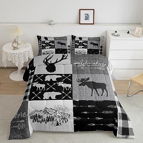 Hunting Deer Comforter Set For Boys,Rustic Camper Quilt Plaid Adventure Patchwork Down Comforter Country Wildlife Bear Bedding Set For Teens Adult Retro Cabin Farmhouse Decorations,Black Gre