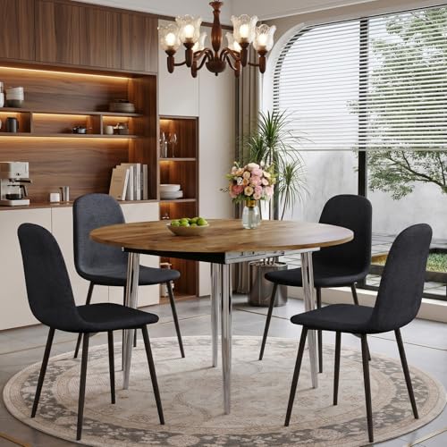Image of FURNITO Modern Dining Table Set for 4, 42 inch-54 inch Extendable Round to Oval Dining Table, Kitchen & Dining Room Set with Wood Grain Top and 4 Fabric Upholstered Chairs, Space-Saving, Easy Assembly