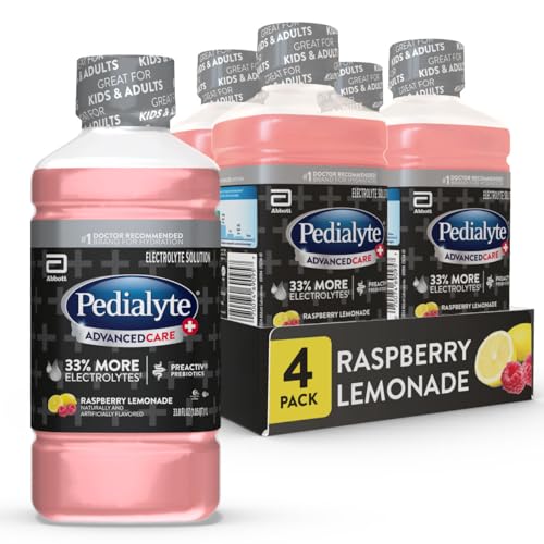 Image of Pedialyte AdvancedCare Plus Electrolyte Hydration Drink | Has 33% More Electrolytes and Has PreActiv Prebiotics | Raspberry Lemonade | 1 Liter, Pack of 4