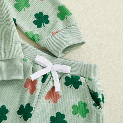 Image of Toddler Baby Boy Girl St Patricks Day Outfit Lucky Embroidery Waffle Long Sleeve Sweatshirt Pants Spring Clothes Set