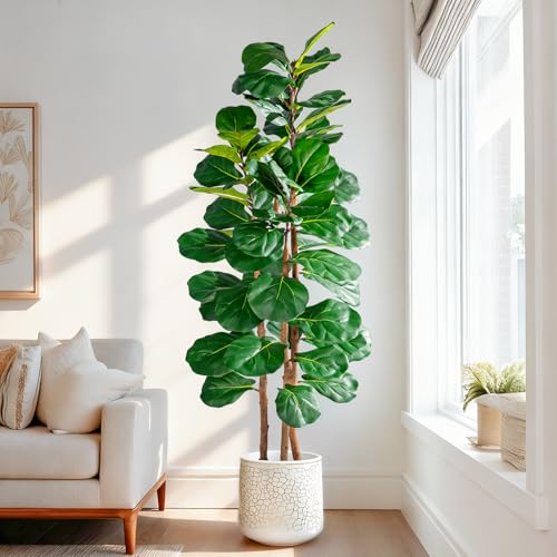 Image of Artificial Fiddle Leaf Fig Tree 5FT, Faux Fig Tree Indoor with Natural Wood Trunk & Realistic Leaves with Moss Pot Fake Ficus Tree Large Faux Floor Plant for Living Room Home Decor, House Plant