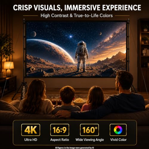 Image of Outdoor Projector Screen with Stand, TOWOND 120 inch Portable Movie Screen, 16:9 HD Foldable Anti-Crease Projection Screen with Carry Bag for Sports Viewing Parties Support Double Sided
