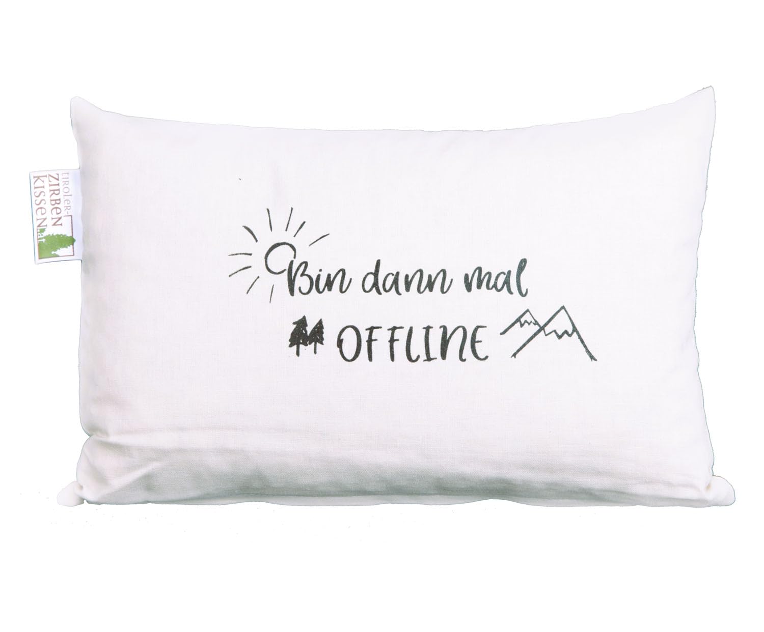 Coussin en pin cembro « Bin dann mal Offline » beige pour déconnexion salon