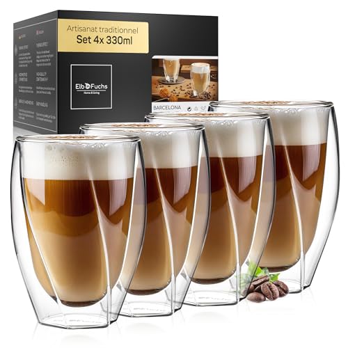 ElbFuchs® Verre Latte Macchiato Double Paroi CURVED [4x 330ml] – Isolation Thermique Optimale – Tasse Cappuccino, Thé – Design Élégant en Verre...
