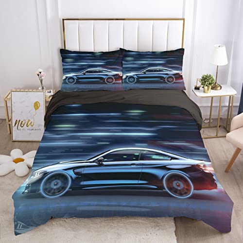 Housse de couette 160x200 microfibre 110g/㎡抗皱耐磨灰色赛车跑车床品 - 2
