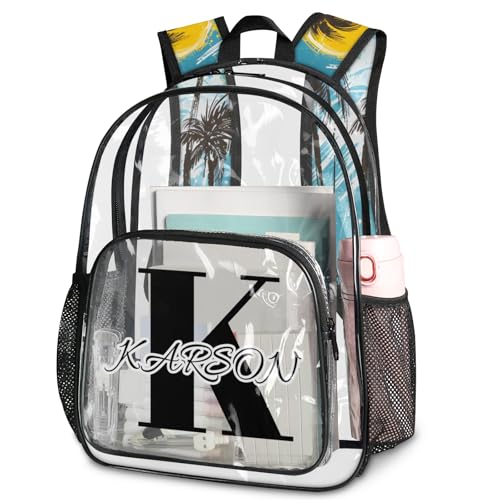 Personalized Small Clear Backpack Stadium Approved Heavy Duty PVC Plastic Custom Tropical Beach Transparent Backpacks See Through Bag with Name, Palm Tree Summer