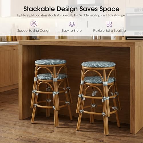 Image of PURPLE LEAF Patio French Round Counter Stool 26 inch Set of 2 Large Seat Backless Handwoven Wicker Rattan Barstools Bamboo Finish Aluminum Frame for Indoor Outdoor Bistro Cafe Soft Blue