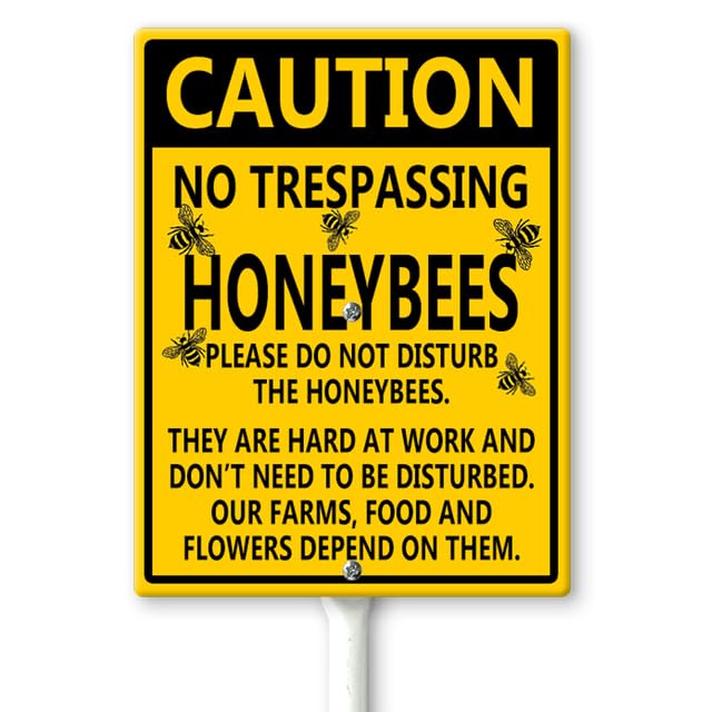 Horienteeon Caution - No Trespassing, Honeybees Yard Sign with Stakes 17.5×22cm, Honey Bee Decorations Hive Rules Signs, Sturdy Aluminum Lawn Signs, Metal Sign Post, Honey Bee Outdoor Decor Gifts