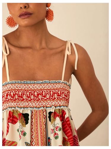 Image of WDIRARA Women's Boho Floral Sleeveless Ruffle Maxi Dress Tropical Graphic Tie Shoulder Smocked Cami Dresses